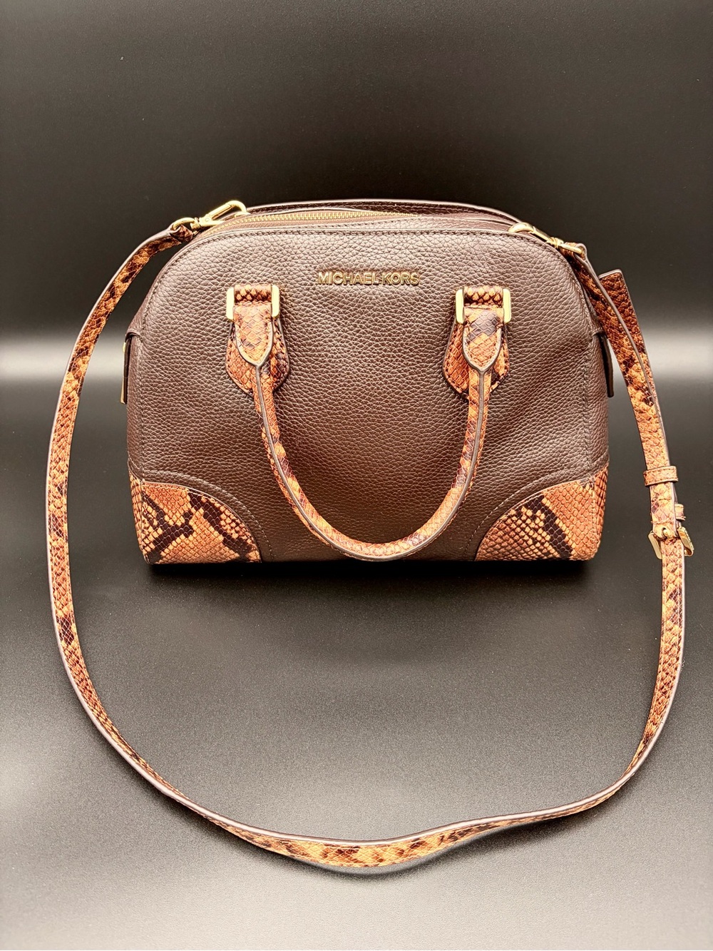 Michael Kors Snakeskin Print Medium Hattie Bowling Satchel Handbag Purse
